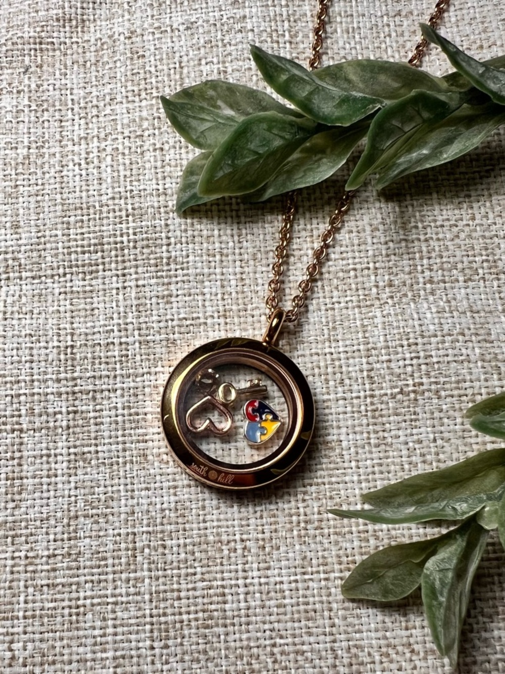 SOUTH HILL Gold Floating Charm Locket Necklace with Hearts, Keys, and Crystals